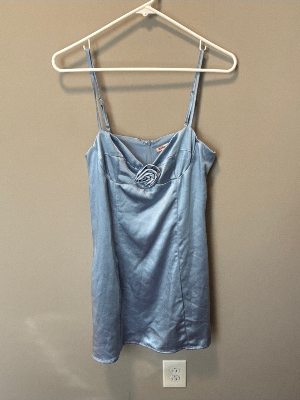 Satin Slip Dress with Rose Accent - Light Blue - M